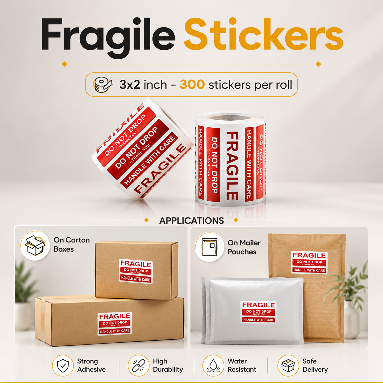 Fragile Sticker Roll - 3x2 inch - 300 Stickers per roll