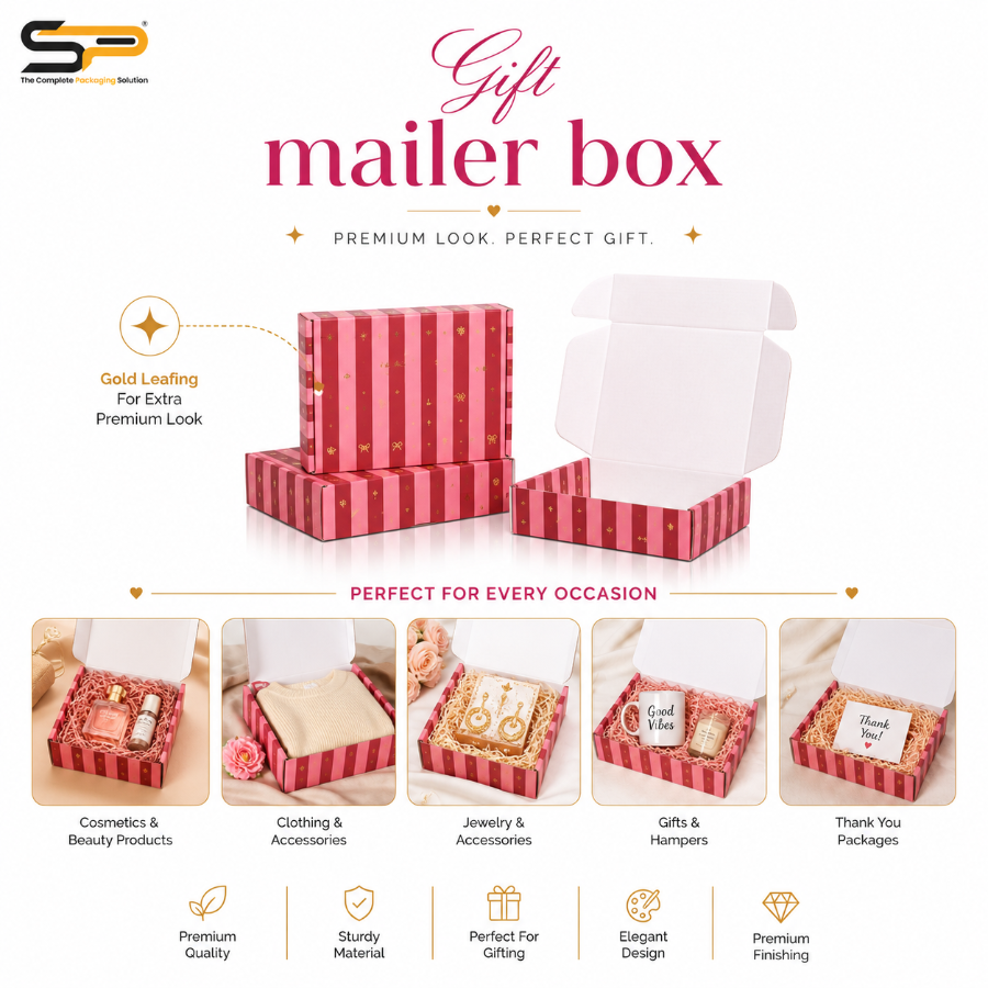 Pink and red striped gift box packaging set with gold foil accents, shown both closed and open on a white background. The image includes branding at top left, large text reading 'Gift mailer,' feature callouts, and five example use cases with small product photos below.