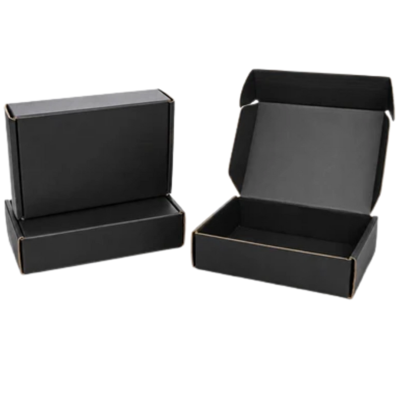 Two plain black cardboard boxes on a white background, one closed and one open to show the interior.
