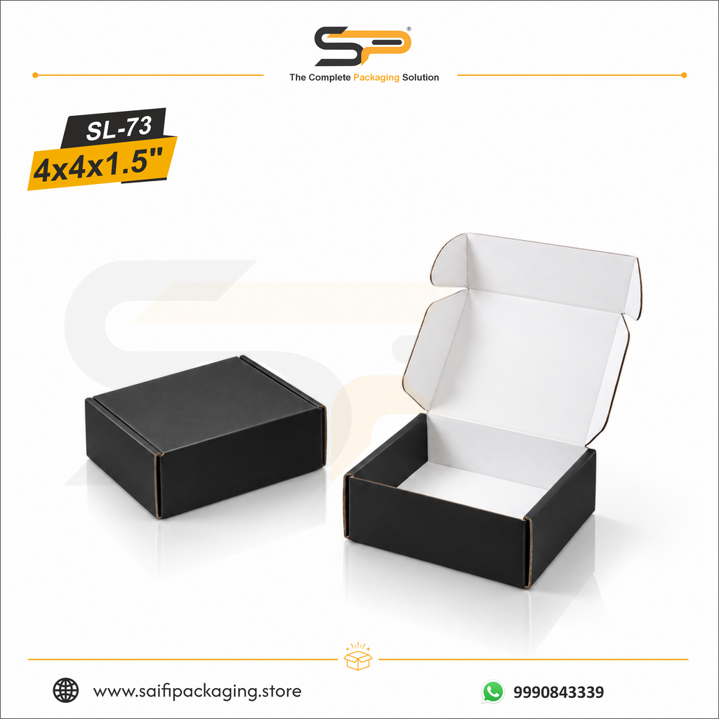 (4x4x1.5 inch) Matt Black Corrugated Mailer Box 3ply - Inside White (SL-73)